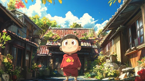 Anime village courtyard with child in sunlit frontal perspective.