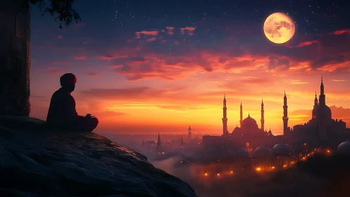 Solitary figure overlooking illuminated mosque at dusk.