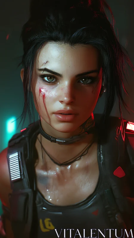 Neon-scarred cyber rebel stares down the future unflinching.