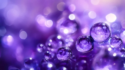 Macro bokeh study of violet liquid droplets on reflective surface.