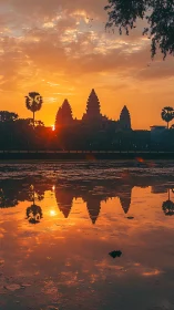 Temple silhouette and sunrise reflecting in calm water
