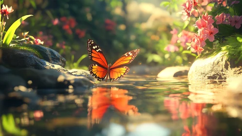 Orange butterfly above reflective stream in floral setting.