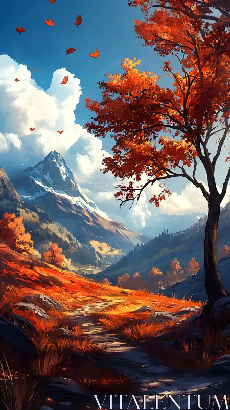 Crimson leaves whirl above a sunlit autumn mountain trail.