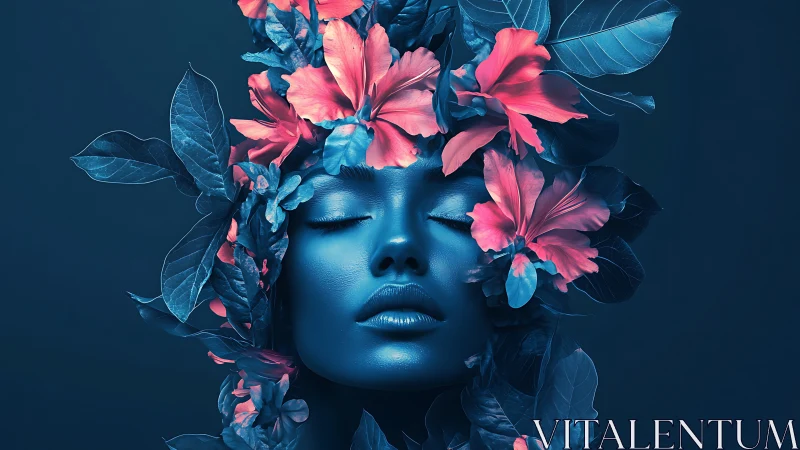 Cyan-toned female portrait with hibiscus floral headpiece