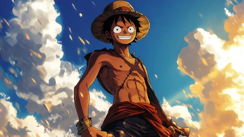 Cel-shaded anime pirate under dramatic volumetric sunset clouds