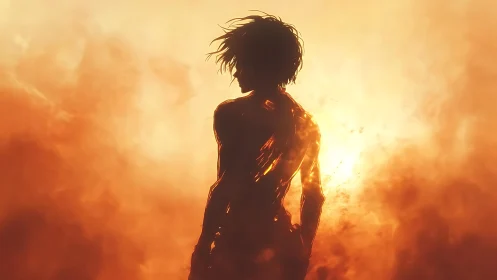 Backlit humanoid silhouette dissolves into incandescent embers