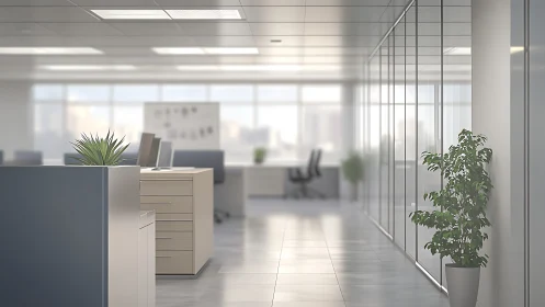 Modern open office corridor shows workstations and glass walls
