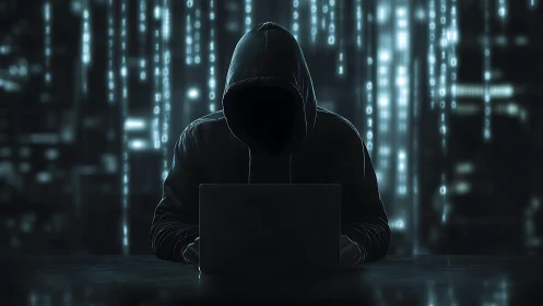 Shadow coder in a neon drizzle of falling data glyphs.