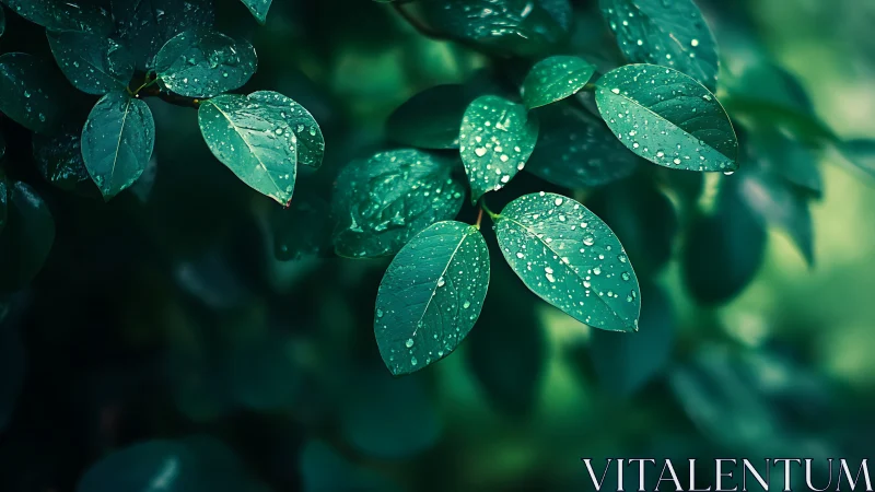 Rain-kissed emerald leaves shimmering in soft forest hush.