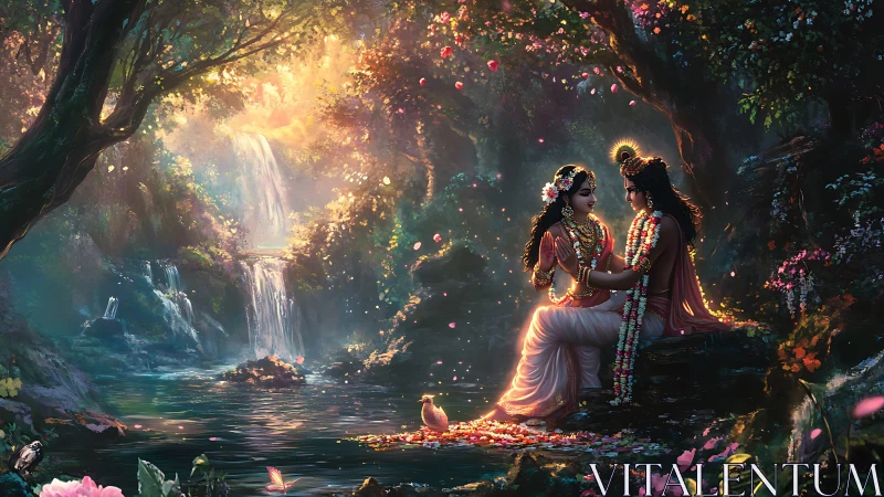 Divine couple by forest waterfall in luminous twilight grove.