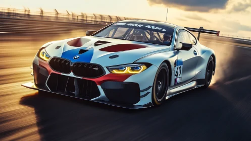 BMW race car on track at sunset in dynamic motion.