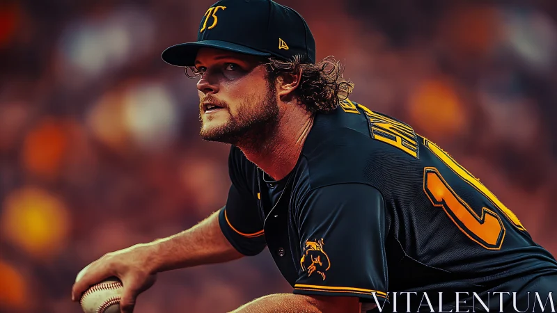 Intense baseball pitcher winds up in black and gold uniform.