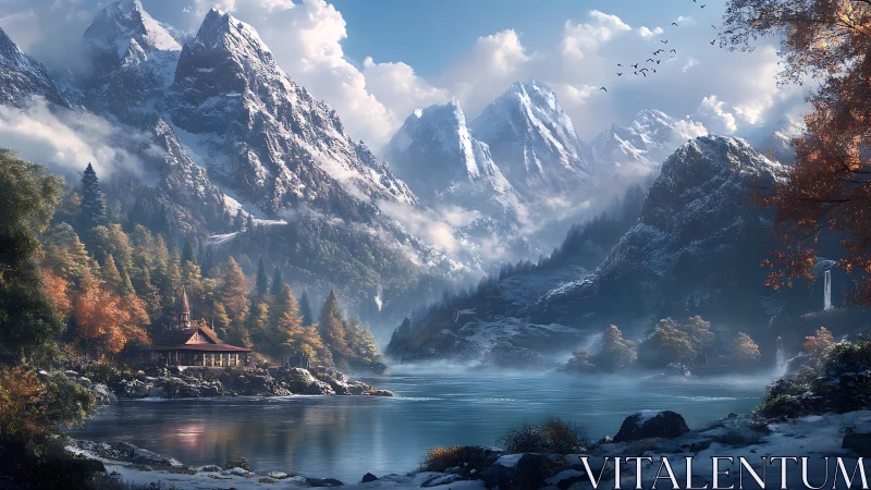 Snow-covered alpine range with lake and forested shore.