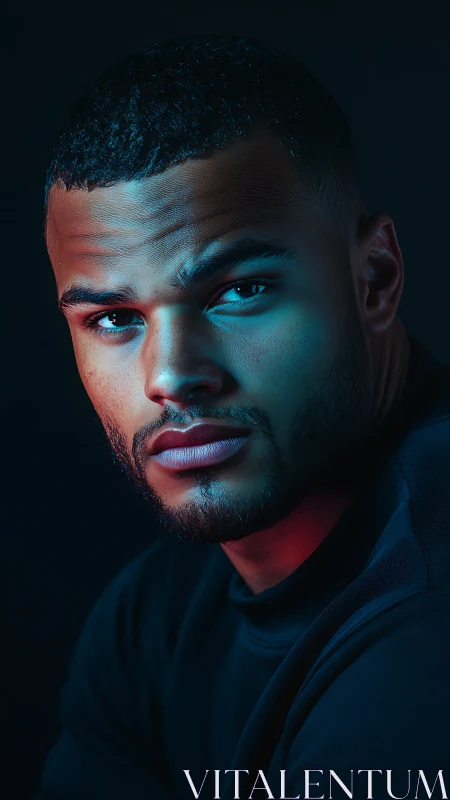 Soft neon portrait of a thoughtful man in quiet focus.