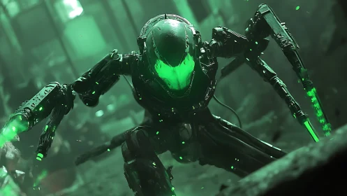 Crawling combat android with neon green core in ruins.