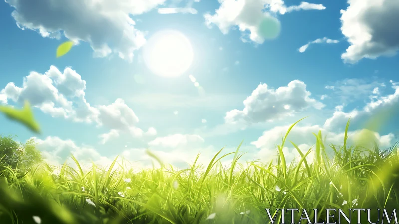 Sunlit summer meadow under bright blue, cloud brushed sky.