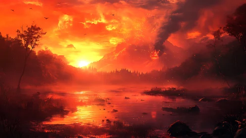 Sunset lake glows beneath a distant erupting volcano.