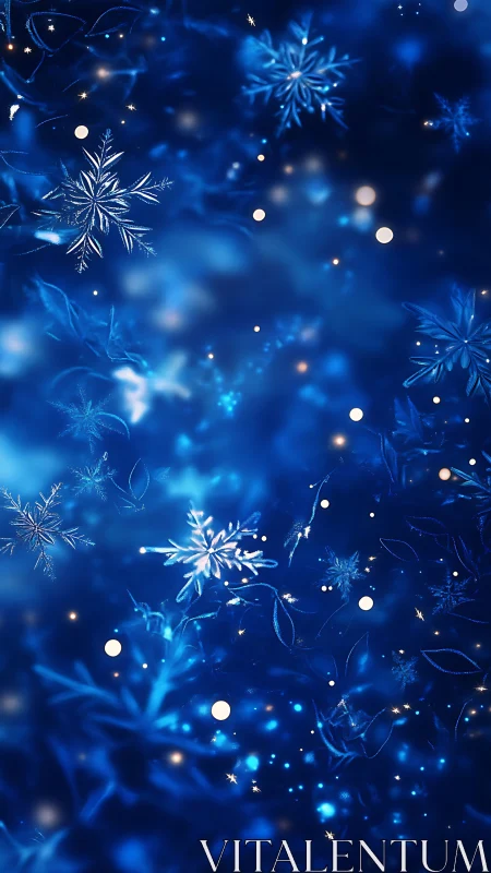 Glowing blue snowflakes drift through a dreamy winter night