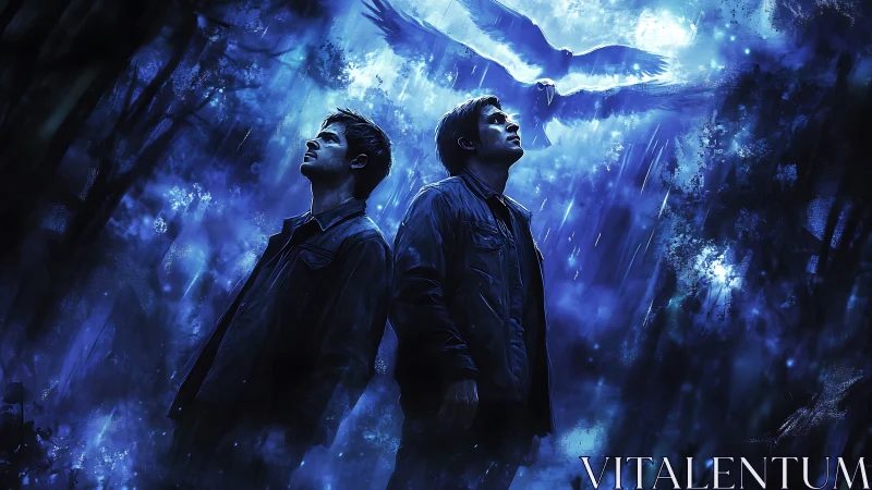 Brothers confront glowing omen under storm-forged sky.