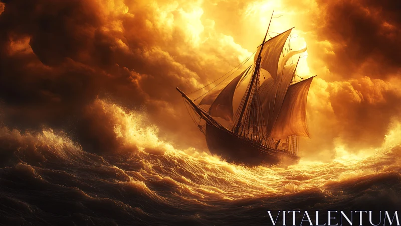 Fiery sunset engulfs a lone ship battling storm waves.