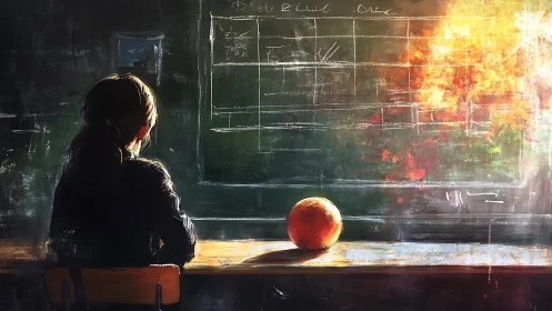 Sunlit orange keeps quiet watch over the absent classroom