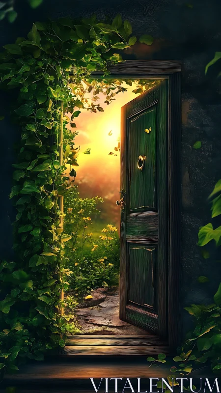 Sunlit garden threshold framed by ivy and weathered wooden door