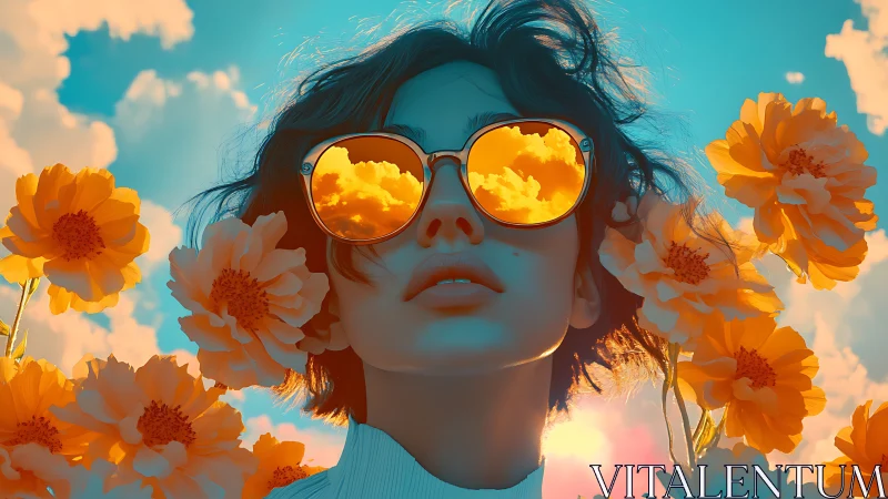 Sunlit dreamer crowned in cosmic marigold reflections.