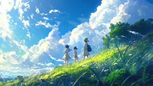 Summer hillside stroll stitches children into the sky