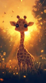 Sunlit baby giraffe in glowing golden forest haze.