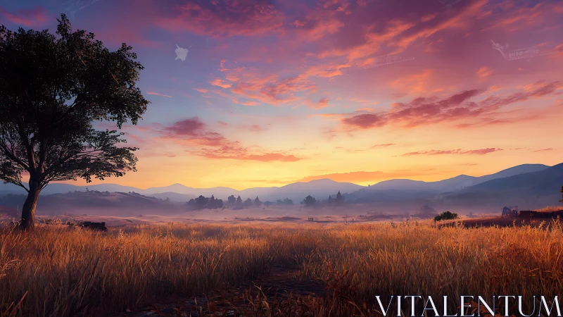 Digital landscape sunset over misted valley grasslands.