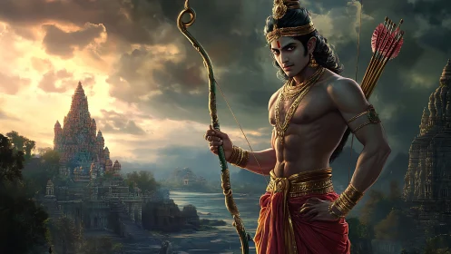 Warrior prince stands guard before ancient riverside temple.