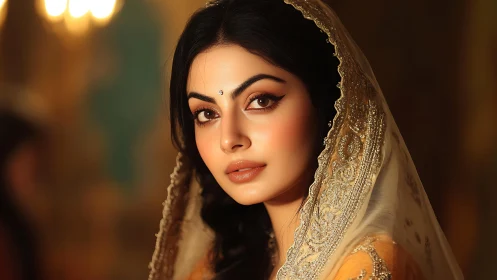 Portrait of woman in embroidered veil under warm lighting.