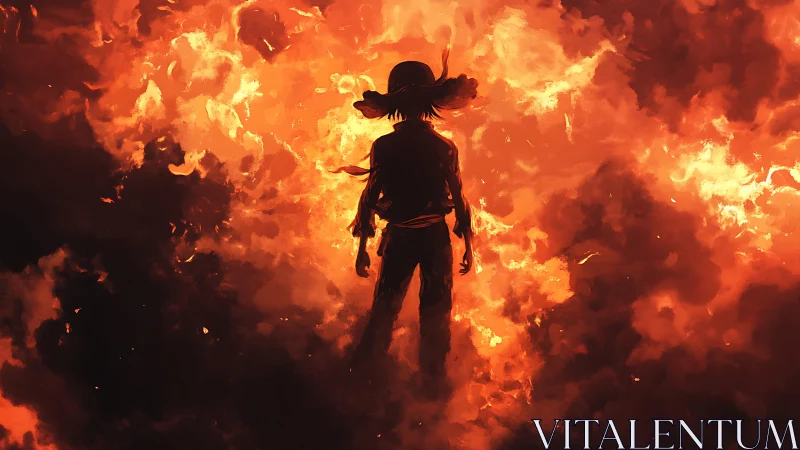 Silhouetted Figure Against Inferno: Digital Cinematic Composition.