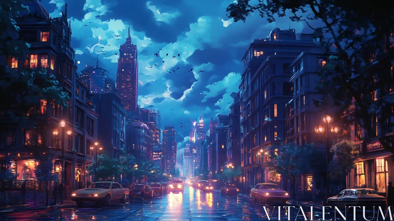 Evening city street with wet roadway and illuminated buildings.