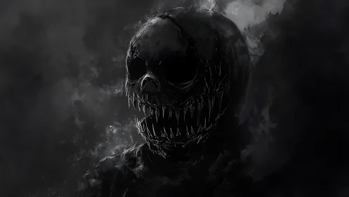 Sinister skeletal creature with jagged teeth in dark smoke.