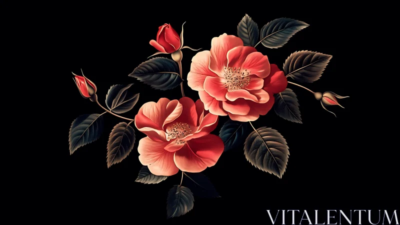 Coral Hybrid Tea Rose Arrangement with Dark Foliage. Digital botanical illustration.