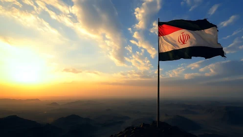 Sunrise winds crown a lone mountain flag above hazy desert.