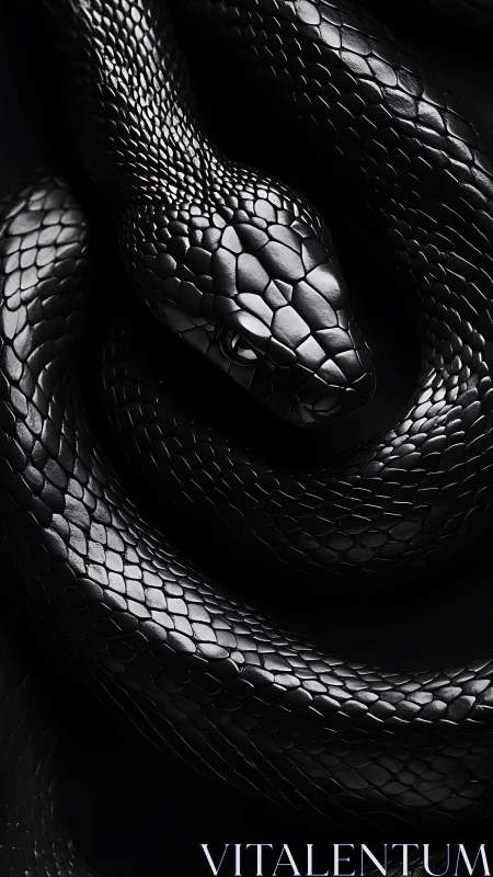 Coiled black serpent gleams with sleek, sculptural menace