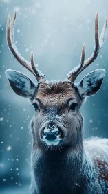 Gentle winter stag meeting the snowfall in quiet focus.