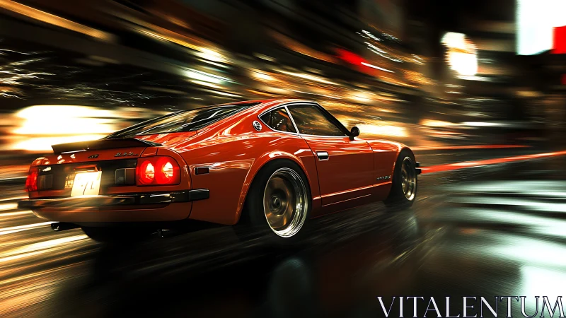 Midnight-orange street racer slicing neon-soaked city blur.
