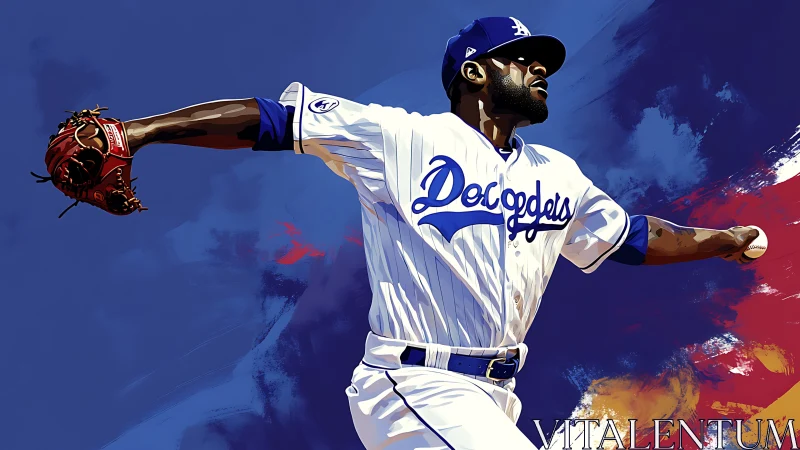 Digital painting of Dodgers pitcher in dynamic lateral stride.