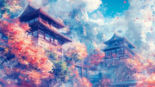 Autumn-lit mountain temples emerge through saturated mist