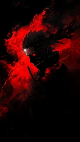 Mysterious red ninja wrapped in swirling shadowed flame.