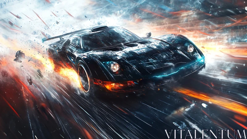 Flame-laced hypercar rips through a storm of light and speed.