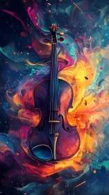 Violin suspended in swirling nebula of luminous color fields