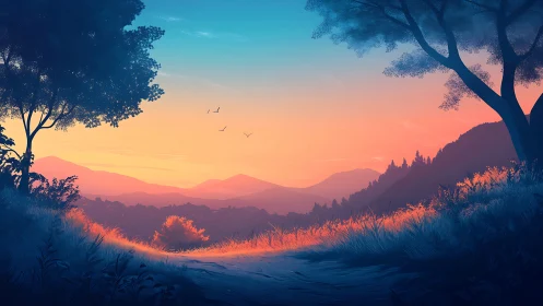 Spectral gradient sunrise over layered digital hillscape.