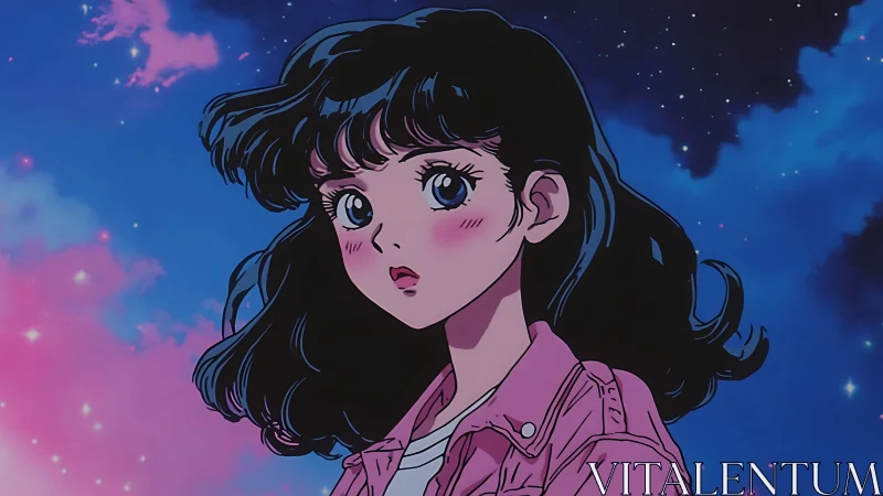 Retro anime portrait under neon twilight sky backdrop.