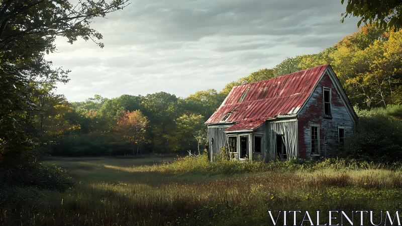 Weathered farmhouse stands quietly amid golden autumn meadow.