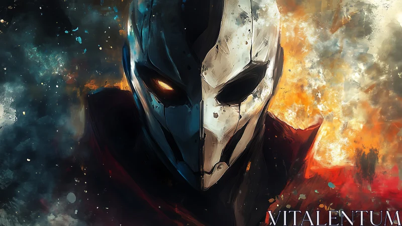 Armored skull warrior emerges from fire and shadowed smoke.