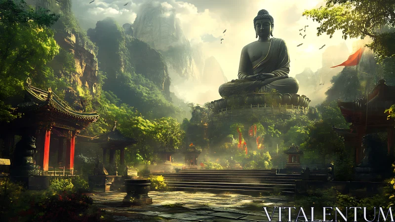 Majestic mountain Buddha statue above tranquil temple valley.